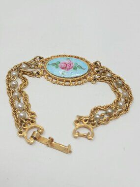 Vintage Blue Guilloche Enamel Rose Faux Pearl Bracelet Gold Tone **READ**